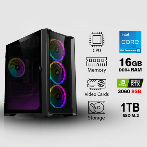 بي سي قمينق المعالج انتل كور آي 5-12400F الرامات 16 جيجابايت سعة التخزين 1 تيرابايت M.2 SSD كرت الشاشة انفيديا جيفورس 8 جيجيابايت RTX 3060 نظام التشغيل ويندوز 11