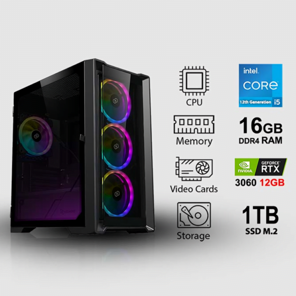 بي سي قمينق المعالج انتل كور آي 5-12400F الرامات 16 جيجابايت سعة التخزين 1 تيرابايت M.2 SSD كرت الشاشة انفيديا جيفورس 12 جيجيابايت RTX 3060 نظام التشغيل ويندوز 11