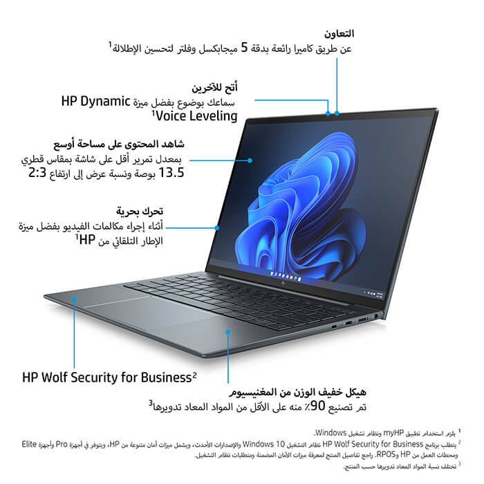 ⁦Laptop HP Elite Dragonfly G3 Intel Core i7-1255U Processor, 16GB Ram, 512GB SSD M.2, Intel Iris Xe Graphics, 13.5-inch Touch WUXGA Display 1920x1280, IPS, 5G nano SIM Port, Windows 11 Professional - Slate blue⁩ - الصورة ⁦4⁩